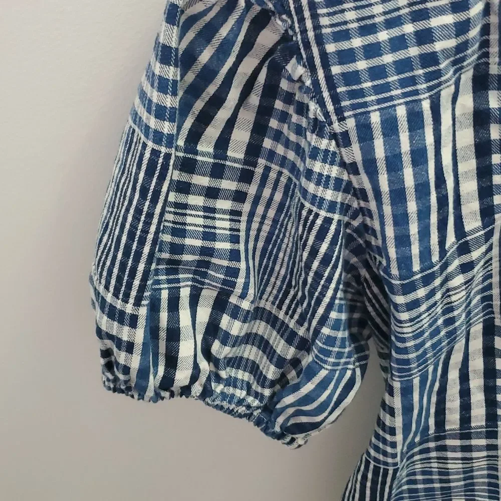 J. Crew Puff Sleeve Wrap Top Indigo Patchwork Size Medium